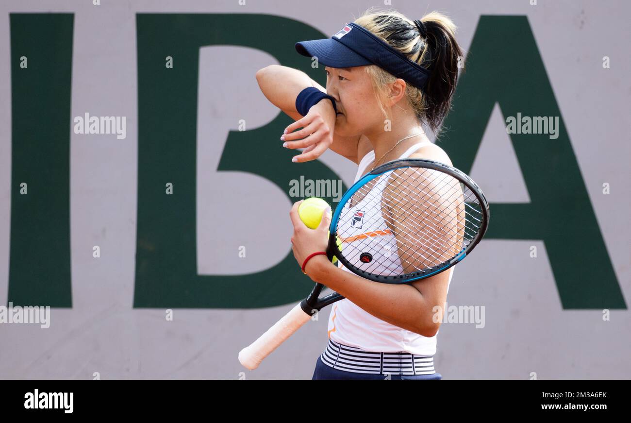 Ann Li of the US reacts during the match between Belgian Van Uytvanck and American Li, in the womens first round at the Roland Garros French Open tennis tournament, in Paris, France,