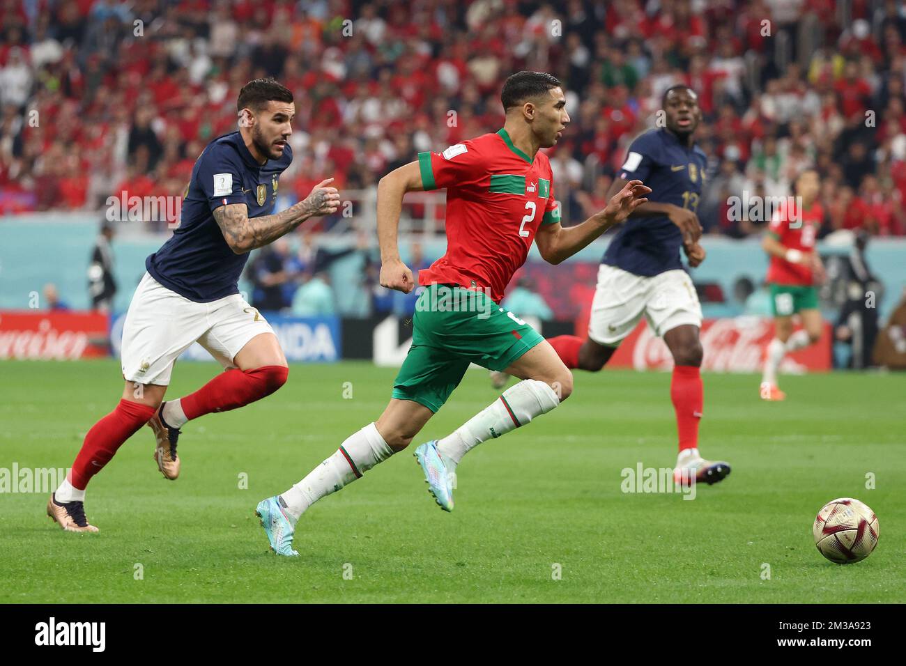 Achraf Hakimi of Morocco, Theo Hernandez of France (L) during the FIFA