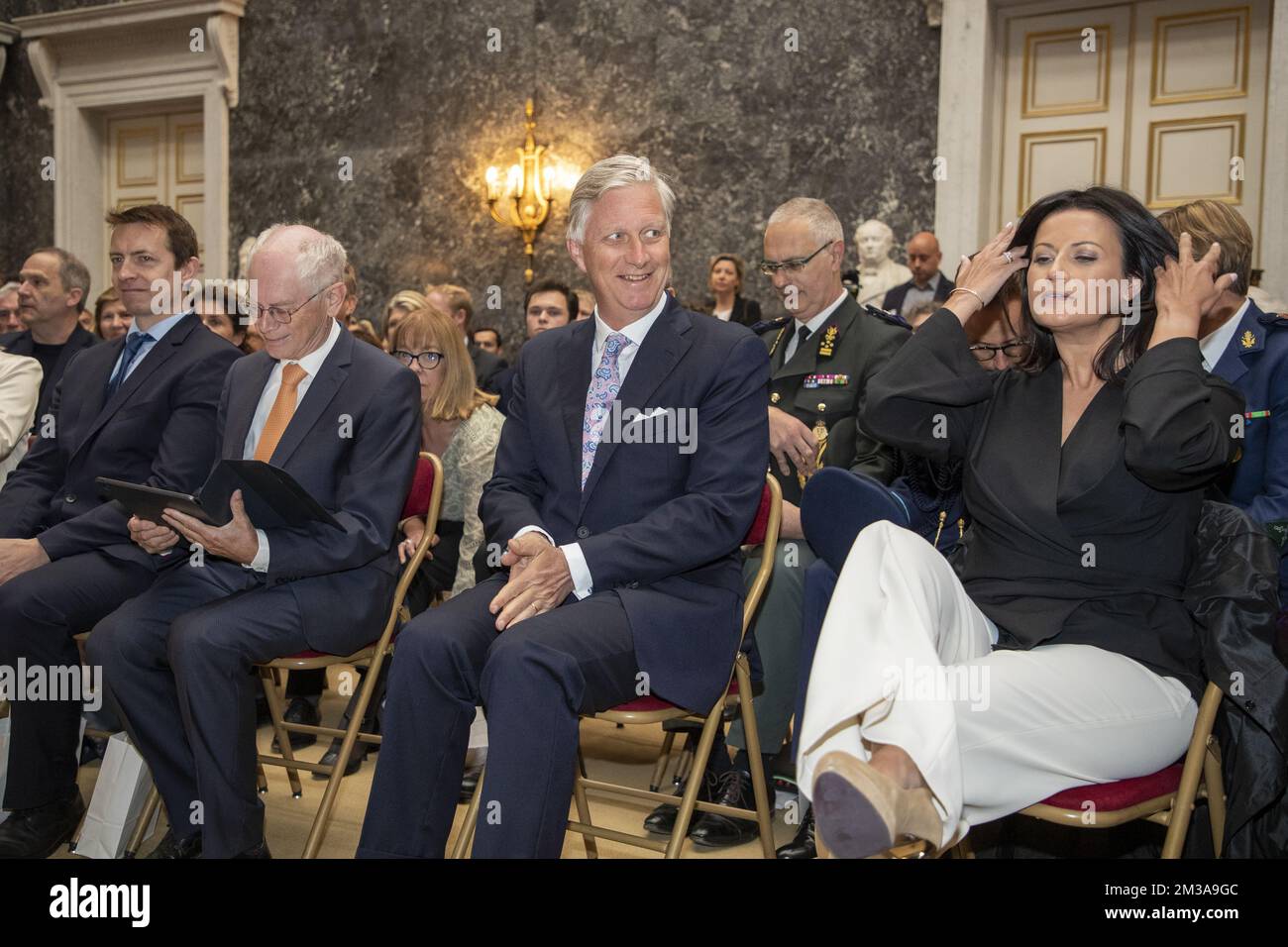 CD&V's senator Peter Van Rompuy, King Philippe - Filip of Belgium and Senate chairwoman Stephanie D'Hose pictured during a ceremony to award the 'Francqui Prize' scientifi awards for 2021 and 2022, Wednesday 01 June 2022 in Brussels. The 2021 prize is awarded to ULiege astrologist Michael Gillon, ULiege's Veerle Rots will receive the 2022 one for her Palaeolithic Stone Tool Hafting research. The scientific prize, which is often referred to as the 'Belgian Nobel Prize', is awarded by The Francqui Foundation and is worth 250.000 euros. BELGA PHOTO NICOLAS MAETERLINCK Stock Photo