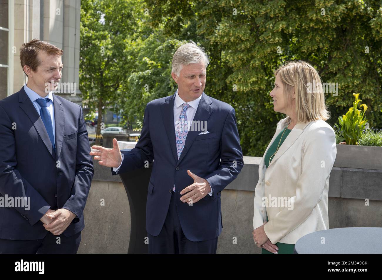Michael Gillon, King Philippe - Filip of Belgium and Veerle Rots pictured during a ceremony to award the 'Francqui Prize' scientifi awards for 2021 and 2022, Wednesday 01 June 2022 in Brussels. The 2021 prize is awarded to ULiege astrologist Michael Gillon, ULiege's Veerle Rots will receive the 2022 one for her Palaeolithic Stone Tool Hafting research. The scientific prize, which is often referred to as the 'Belgian Nobel Prize', is awarded by The Francqui Foundation and is worth 250.000 euros. BELGA PHOTO NICOLAS MAETERLINCK Stock Photo