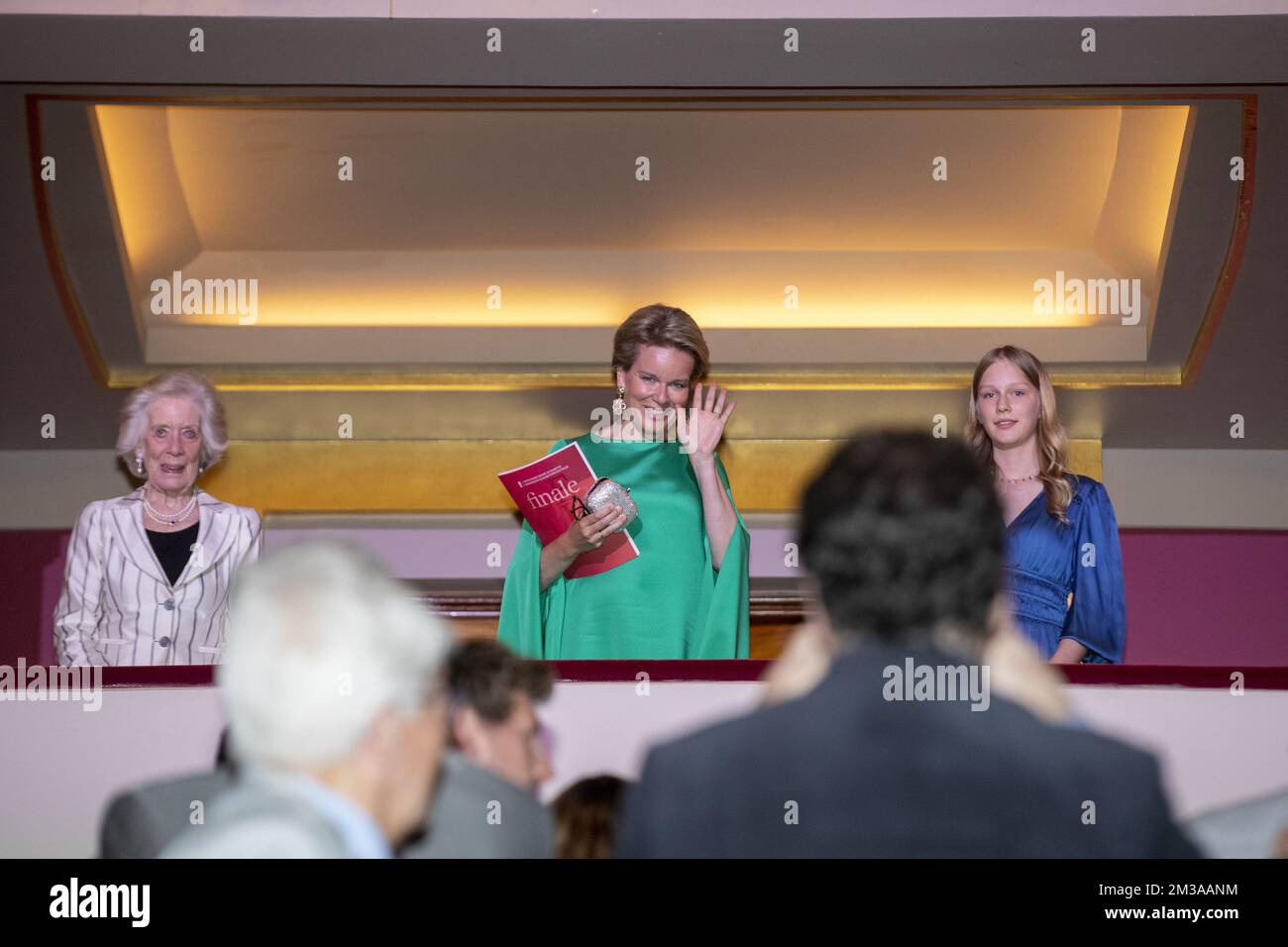 Queen Mathilde of Belgium (C) and Princess Eleonore pictured during the final session of the Queen Elisabeth Cello Competition 2022, at the Bozar/ Palais des Beaux Arts, in Brussels, Saturday 04 June 2022. BELGA PHOTO NICOLAS MAETERLINCK Stock Photo