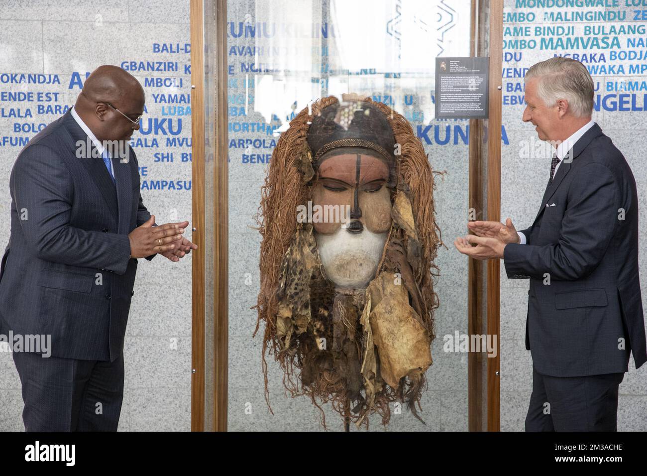 DRC Congo President Felix Tshisekedi and King Philippe - Filip of Belgium unveil a Kakuungu mask, returned from Belgium to Congo, during a visit to the National Museum, MNRDC, Musee national de la Republique democratique du Congo, in Kinshasa, during an official visit of the Belgian Royal couple to the Democratic Republic of Congo, Wednesday 08 June 2022. The Belgian King and Queen will be visiting Kinshasa, Lubumbashi and Bukavu from June 7th to June 13th. BELGA PHOTO NICOLAS MAETERLINCK Stock Photo
