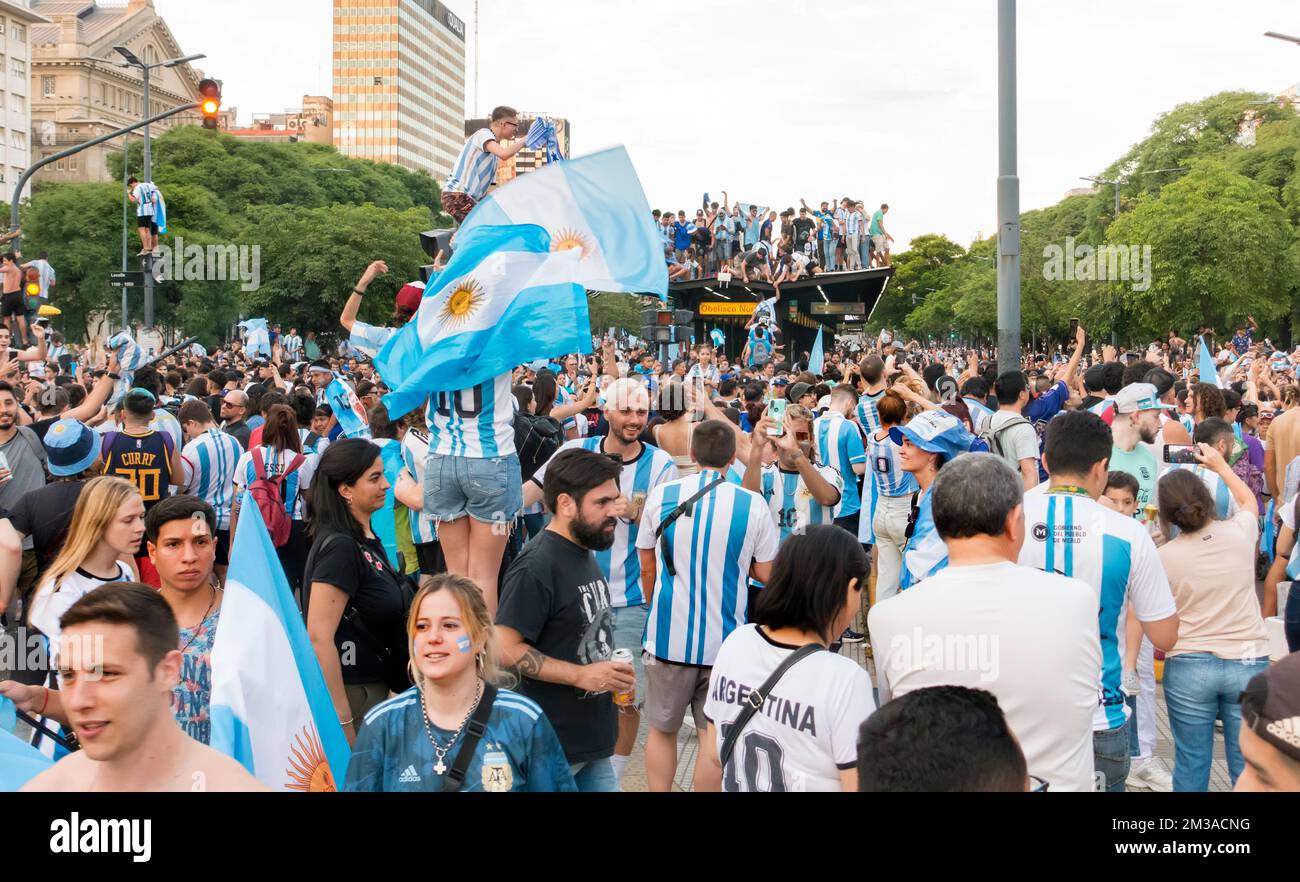 Argentine football fans on Avenida 9 de Julio Buenos Aires, Argentina celebrating during the 2022 FIFA World Cup Stock Photo