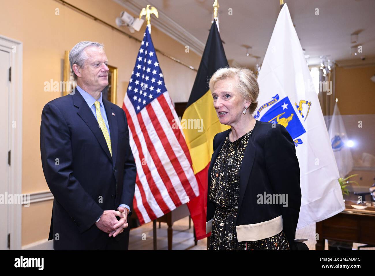 Massachusetts governor Charles Charlie Baker and Princess Astrid of Belgium meet a meeting at the governor's ceremonial office, in Boston, during a Belgian Economic Mission to the United States of America, Thursday 09 June 2022. A delegation featuring the Princess and various Ministers will be visiting Atlanta, New York and Boston from June 4th to the 12th. BELGA PHOTO LAURIE DIEFFEMBACQ Stock Photo