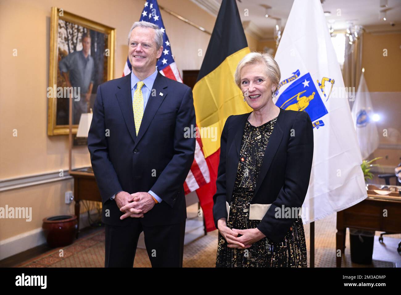 Massachusetts governor Charles Charlie Baker and Princess Astrid of Belgium meet a meeting at the governor's ceremonial office, in Boston, during a Belgian Economic Mission to the United States of America, Thursday 09 June 2022. A delegation featuring the Princess and various Ministers will be visiting Atlanta, New York and Boston from June 4th to the 12th. BELGA PHOTO LAURIE DIEFFEMBACQ Stock Photo