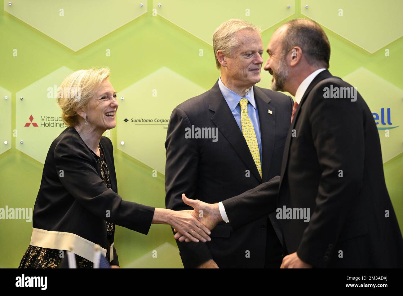 Princess Astrid of Belgium and Massachusetts governor Charles Charlie Baker pictured during a visit to Greentown Labs, in Somerville, during a Belgian Economic Mission to the United States of America, Thursday 09 June 2022. A delegation featuring the Princess and various Ministers will be visiting Atlanta, New York and Boston from June 4th to the 12th. BELGA PHOTO LAURIE DIEFFEMBACQ Stock Photo