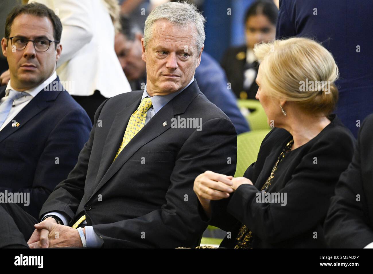 Massachusetts governor Charles Charlie Baker and Princess Astrid of Belgium pictured during a visit to Greentown Labs, in Somerville, during a Belgian Economic Mission to the United States of America, Thursday 09 June 2022. A delegation featuring the Princess and various Ministers will be visiting Atlanta, New York and Boston from June 4th to the 12th. BELGA PHOTO LAURIE DIEFFEMBACQ Stock Photo