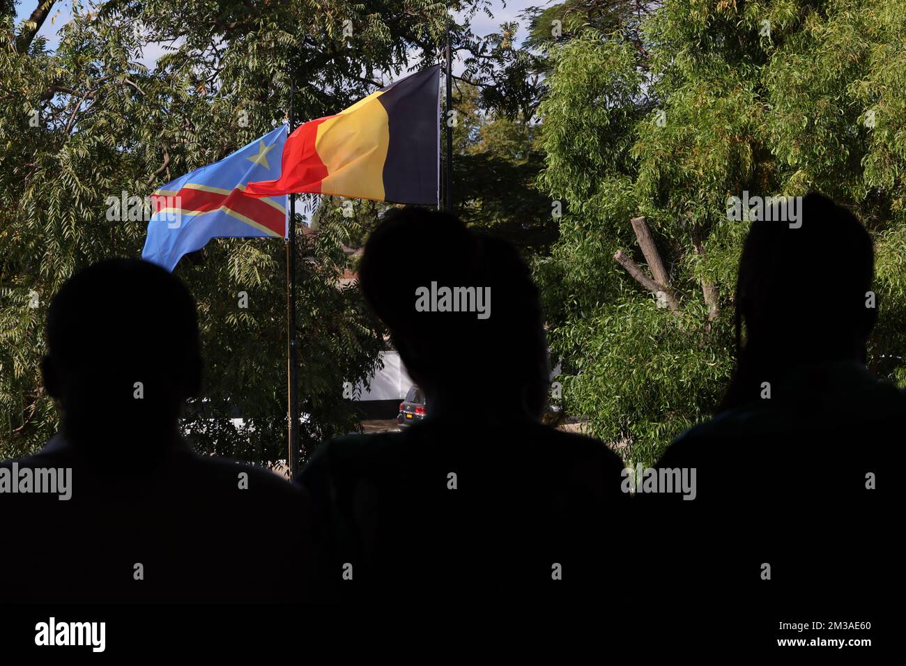 Illustration picture shows the national flag of the Democratic Republic of Congo and Belgium during a visit to Lubumbashi University, during an official visit of the Belgian Royal couple to the Democratic Republic of Congo, Friday 10 June 2022. The Belgian King and Queen will be visiting Kinshasa, Lubumbashi and Bukavu from June 7th to June 13th. BELGA PHOTO BENOIT DOPPAGNE  Stock Photo