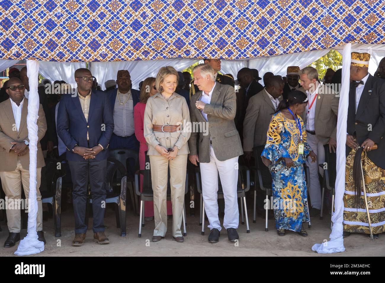 Queen Mathilde of Belgium and King Philippe - Filip of Belgium pictured during a visit to Katanga village, during an official visit of the Belgian Royal couple to the Democratic Republic of Congo, Saturday 11 June 2022. The Belgian King and Queen will be visiting Kinshasa, Lubumbashi and Bukavu from June 7th to June 13th. BELGA PHOTO NICOLAS MAETERLINCK Stock Photo