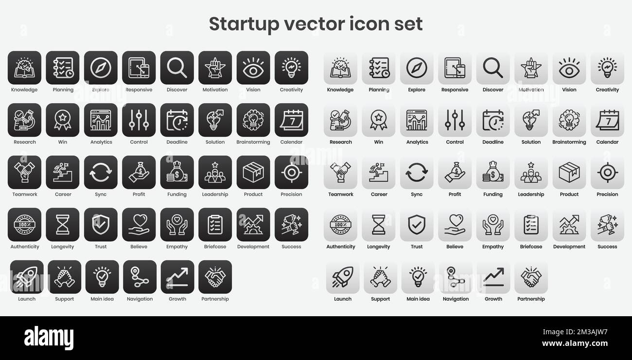 Startup vector icon set. black and white icon series with line and stroke. Stock Vector