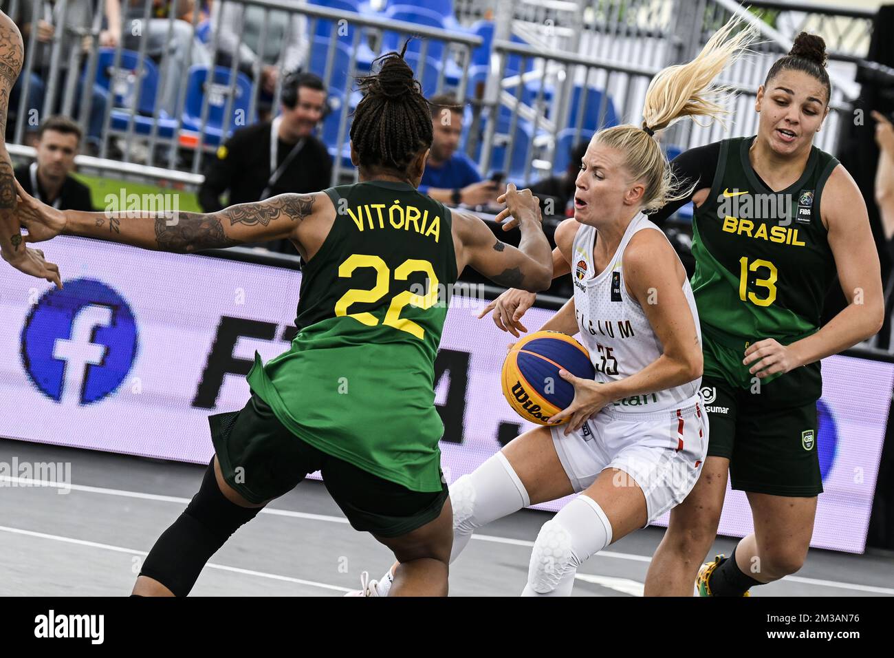 Brazil's Vitoria Marcelino, Belgium's Julie Vanloo and Brazil's Gabriela  Guimaraes pictured in action during a 3x3 basketball game between the  Belgian Cats and Brasil, in the Women's eighth final round at the
