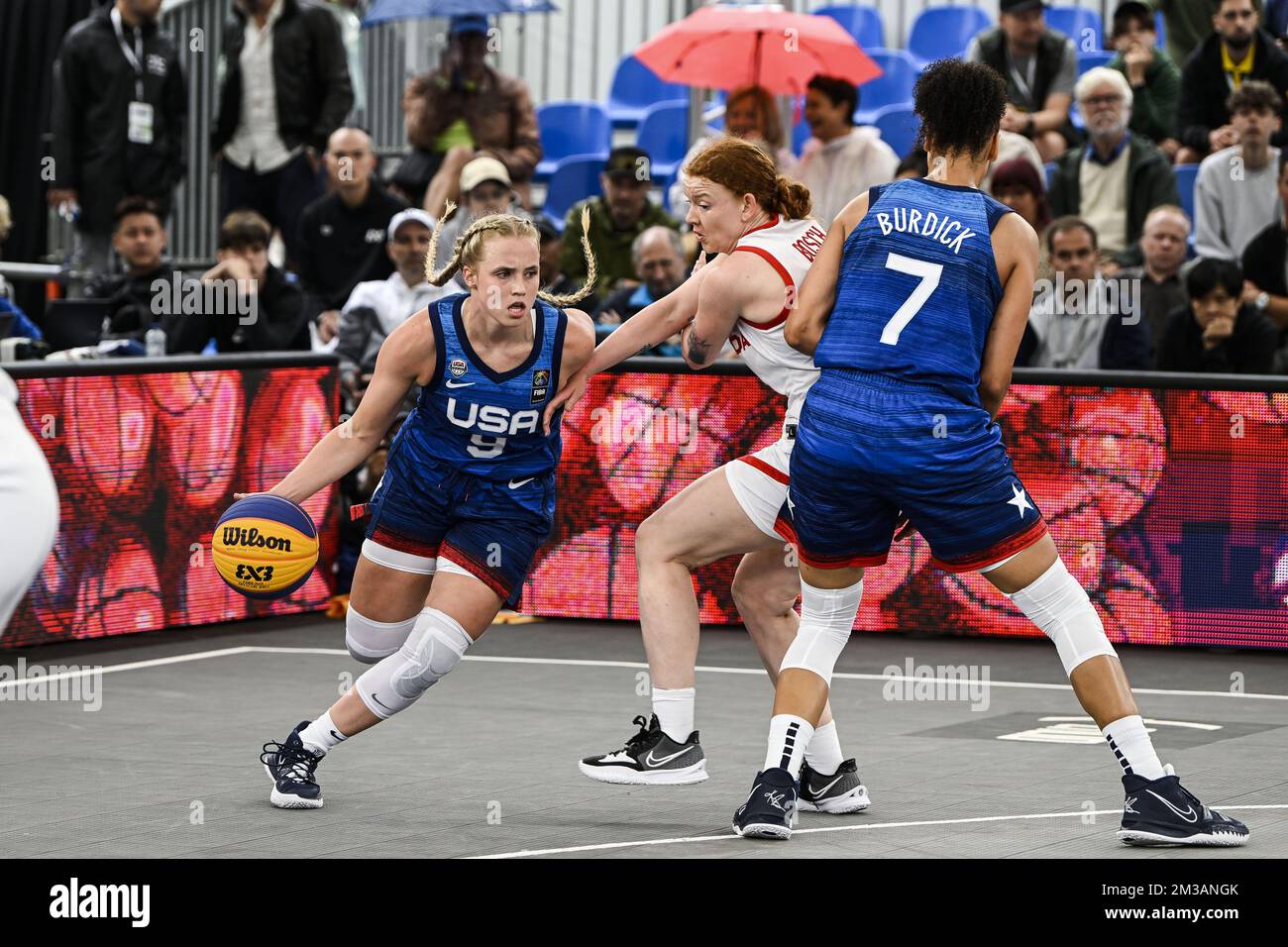 US' Hailey Van Lith and Canada's Kacie Bosch pictured in action during a 3x3 basketball game between Canada and the United States of America, in the Women's quarter final round at the FIBA 2022 world cup, Saturday 25 June 2022, in Antwerp. The FIBA 3x3 Basket World Cup 2022 takes place from 21 to 26 June in Antwerp. BELGA PHOTO TOM GOYVAERTS Stock Photo