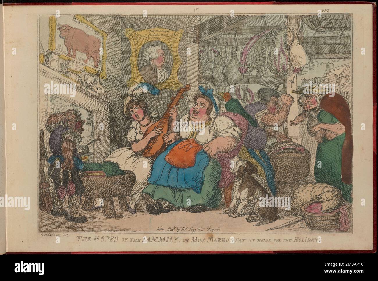 The hopes of the fammily : Or Miss Marrowfat at home for the holidays , Musicians, Butchers, Dogs, Meat. Thomas Rowlandson (1756-1827). Prints and Drawings Stock Photo