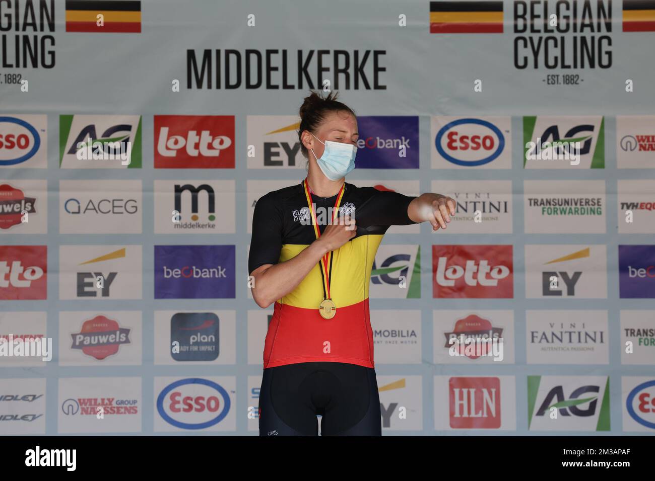 Fauve Bastiaenssen pictured on the podium for the Elite Teams after the ...