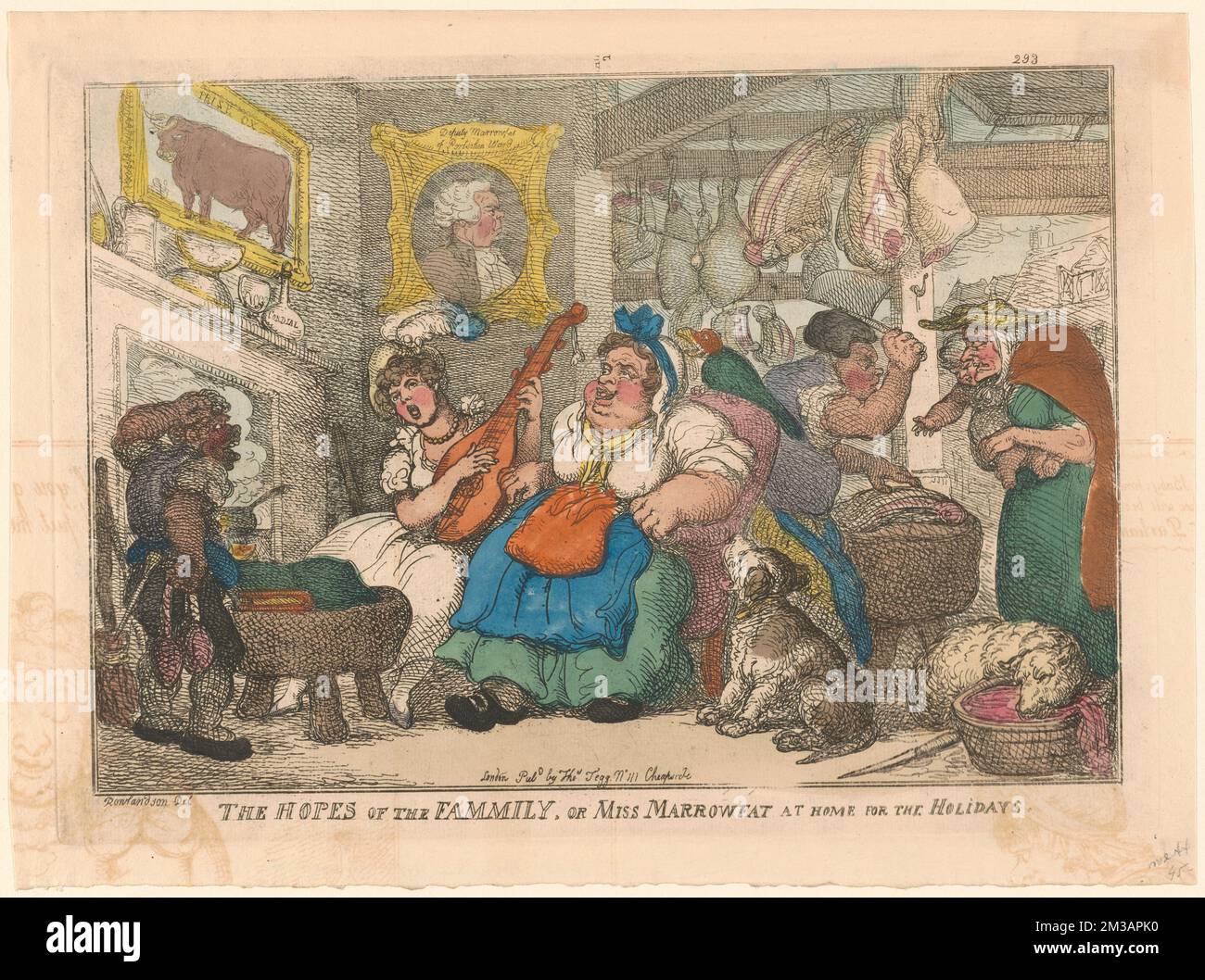 The hopes of the fammily : Or Miss Marrowfat at home for the holidays , Musicians, Butchers, Dogs, Meat. Thomas Rowlandson (1756-1827). Prints and Drawings Stock Photo