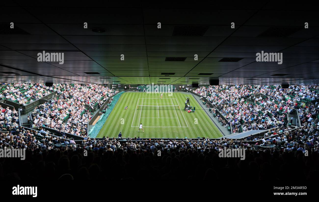 Illustration picture shows the court during a first round game in the women's singles tournament between Belgian Van Uytvanck (WTA 46) and Great-Britain's Raducanu (WTA 11) at the 2022 Wimbledon grand slam tennis tournament at the All England Tennis Club, in south-west London, Britain, Monday 27 June 2022. BELGA PHOTO BENOIT DOPPAGNE  Stock Photo