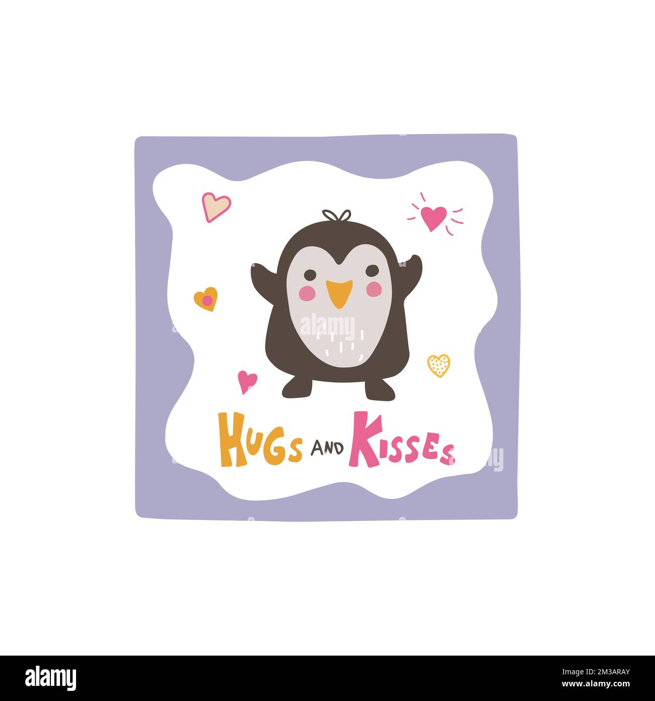 Cute penguin with hand drawn lettering Hugs and kisses.. Doodle kawaii