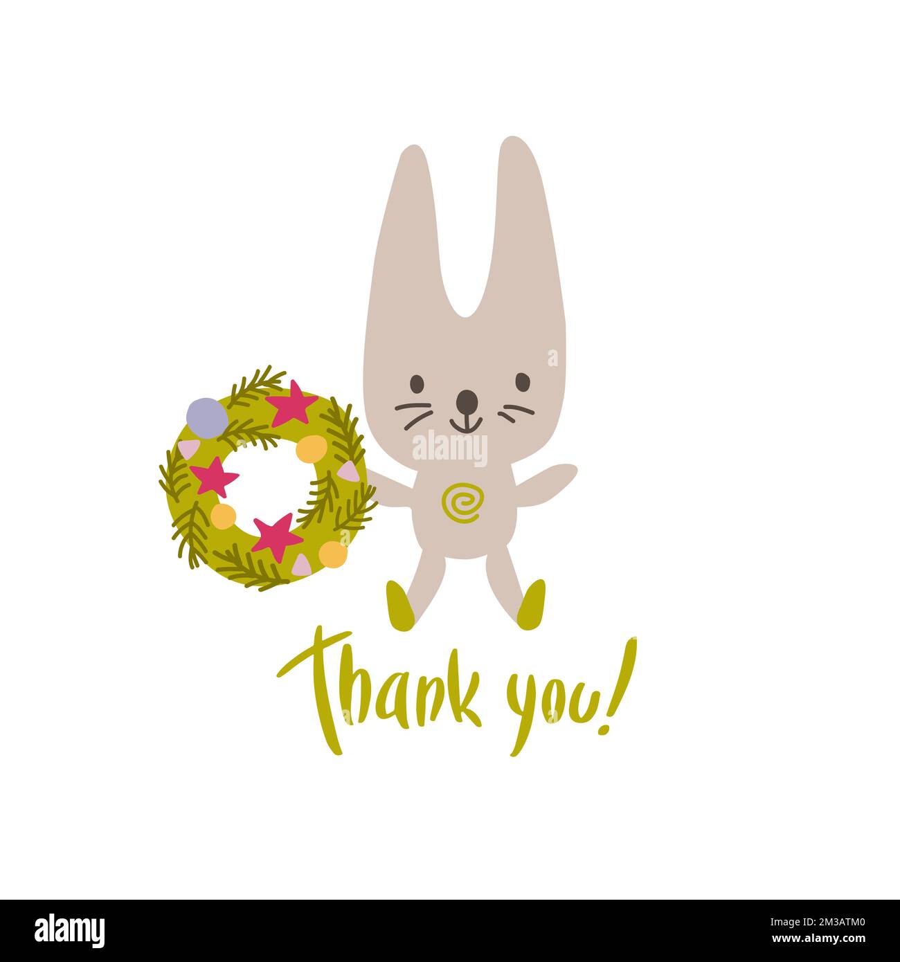 Bunny with hand drawn lettering Thank you. Doodle kawaii style illustration. Stock Vector