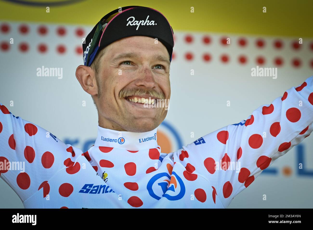 Danish Magnus Cort Nielsen of EF Education-EasyPost wearing the polka dot jersey (maillot a pois rouges - bolletjestrui) of leader in the climbers ranking at the second stage of the Tour de France cycling race, a 202,2 km race between Roskilde and Nyborg, Denmark, Saturday 02 July 2022. This year's Tour de France takes place from 01 to 24 July 2022 and starts with three stages in Denmark. BELGA PHOTO DAVID STOCKMAN Stock Photo