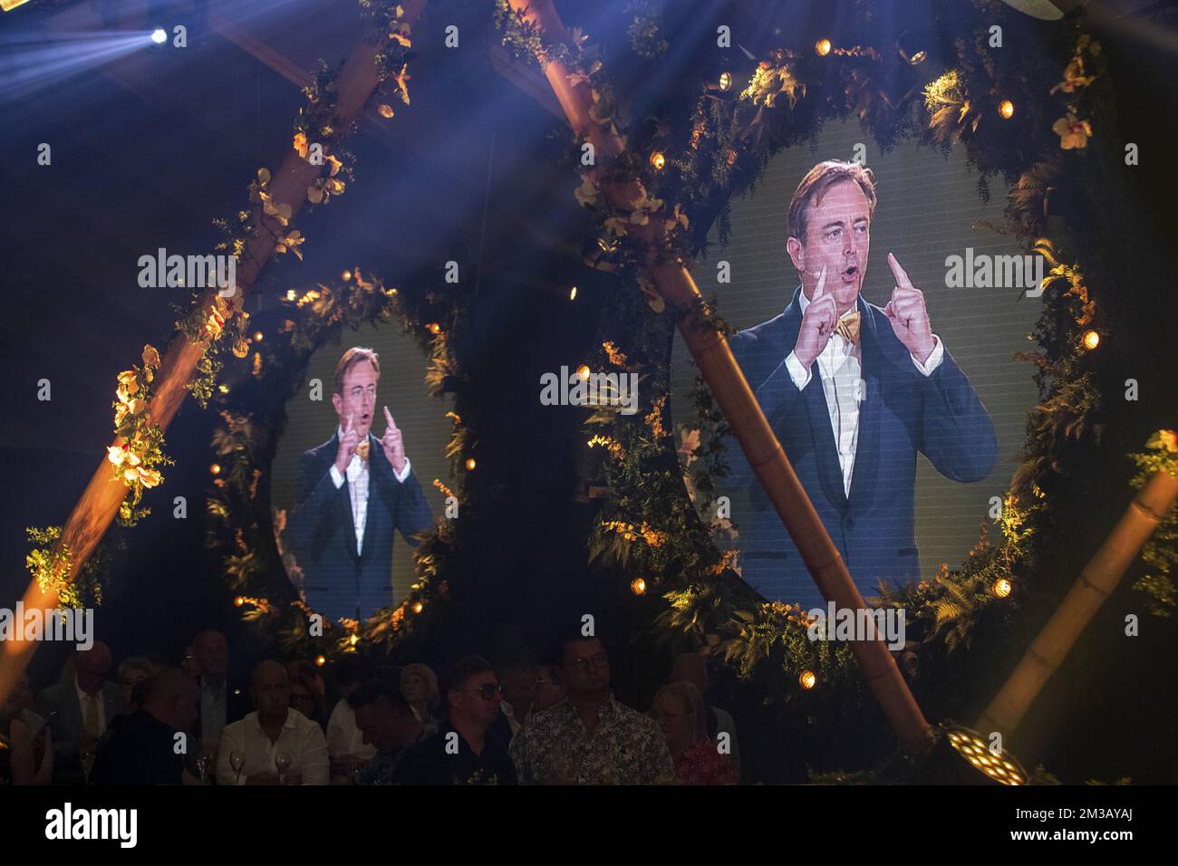 N-VA chairman Bart De Wever delivers a speech at the 'zomerfeest' summer party meeting of conservative Flemish nationalist party N-VA, Saturday 02 July 2022 in Mechelen. BELGA PHOTO NICOLAS MAETERLINCK Stock Photo