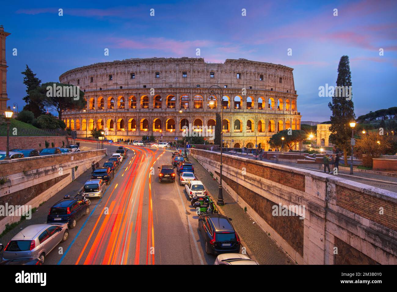 Rome, Italy at the Colosseum over the street at night. Stock Photo