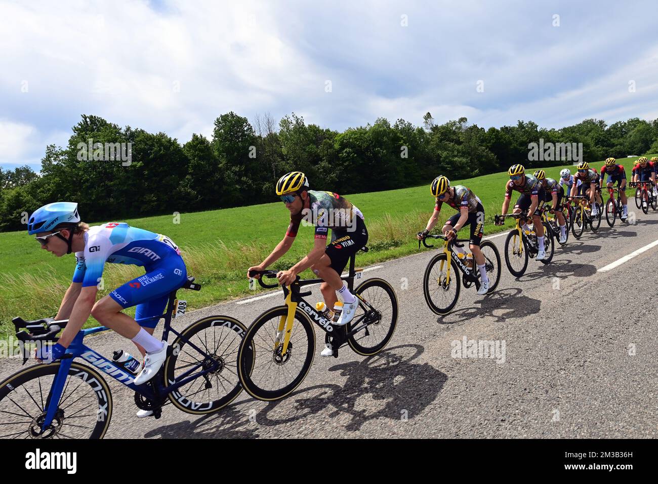 Australian Nick Schultz of BikeExchange-Jayco and Belgian Tiesj Benoot of Jumbo-Visma pictured in action during stage eight of the Tour de France cycling race, a 184km race from Dole, France, to Lausanne, Switzerland, on Saturday 09 July 2022. This year's Tour de France takes place from 01 to 24 July 2022. BELGA PHOTO POOL PETE GODING - UK OUT Stock Photo