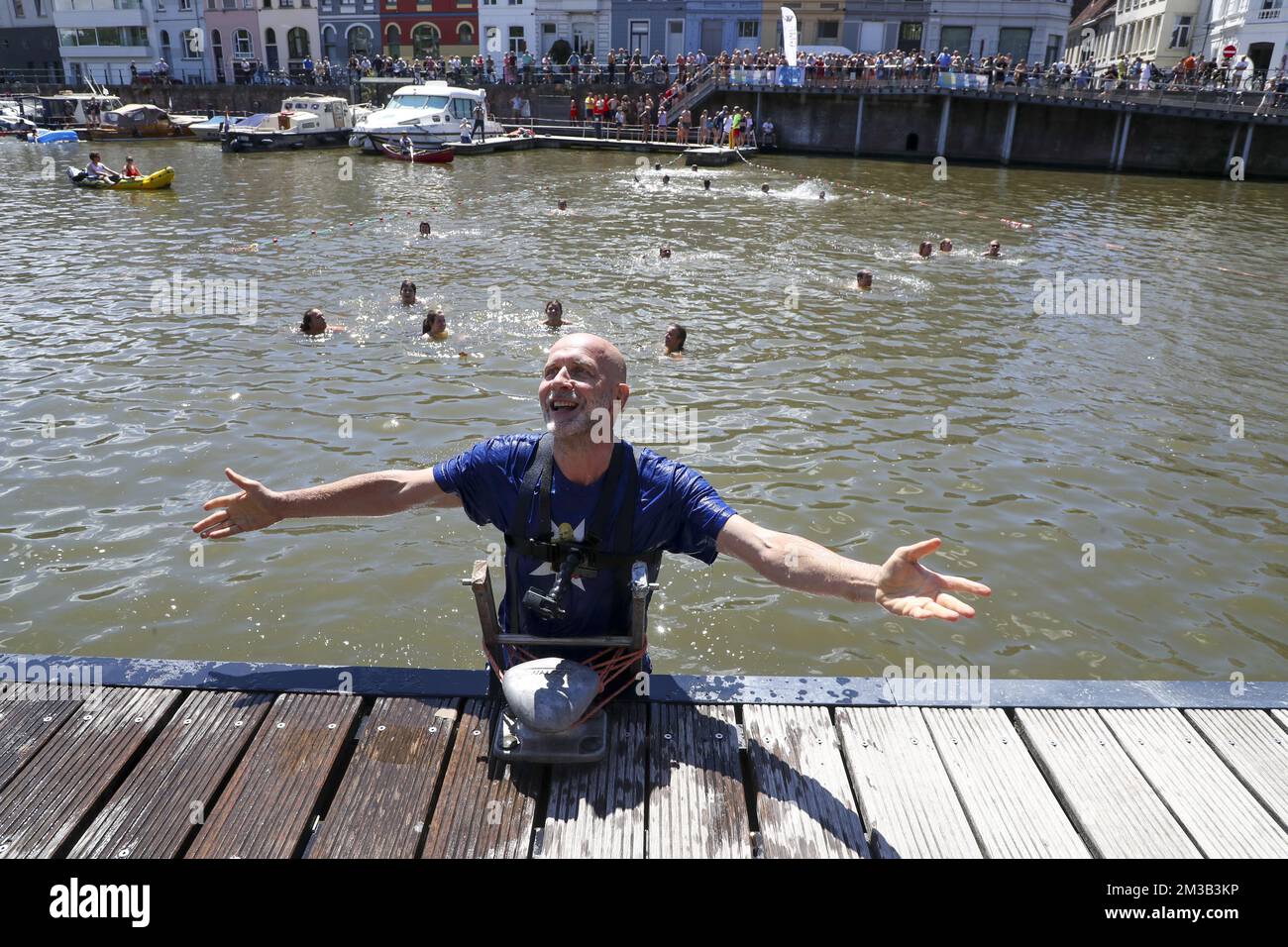 Nic Balthazar pictured during the 'Big Jump' event in the Leie river at Portus Ganda, in Gent, Sunday 10 July 2022. The Big Jump European River Swimming Day takes place in rivers all over Europe to draw attention to water quality. BELGA PHOTO NICOLAS MAETERLINCK Stock Photo