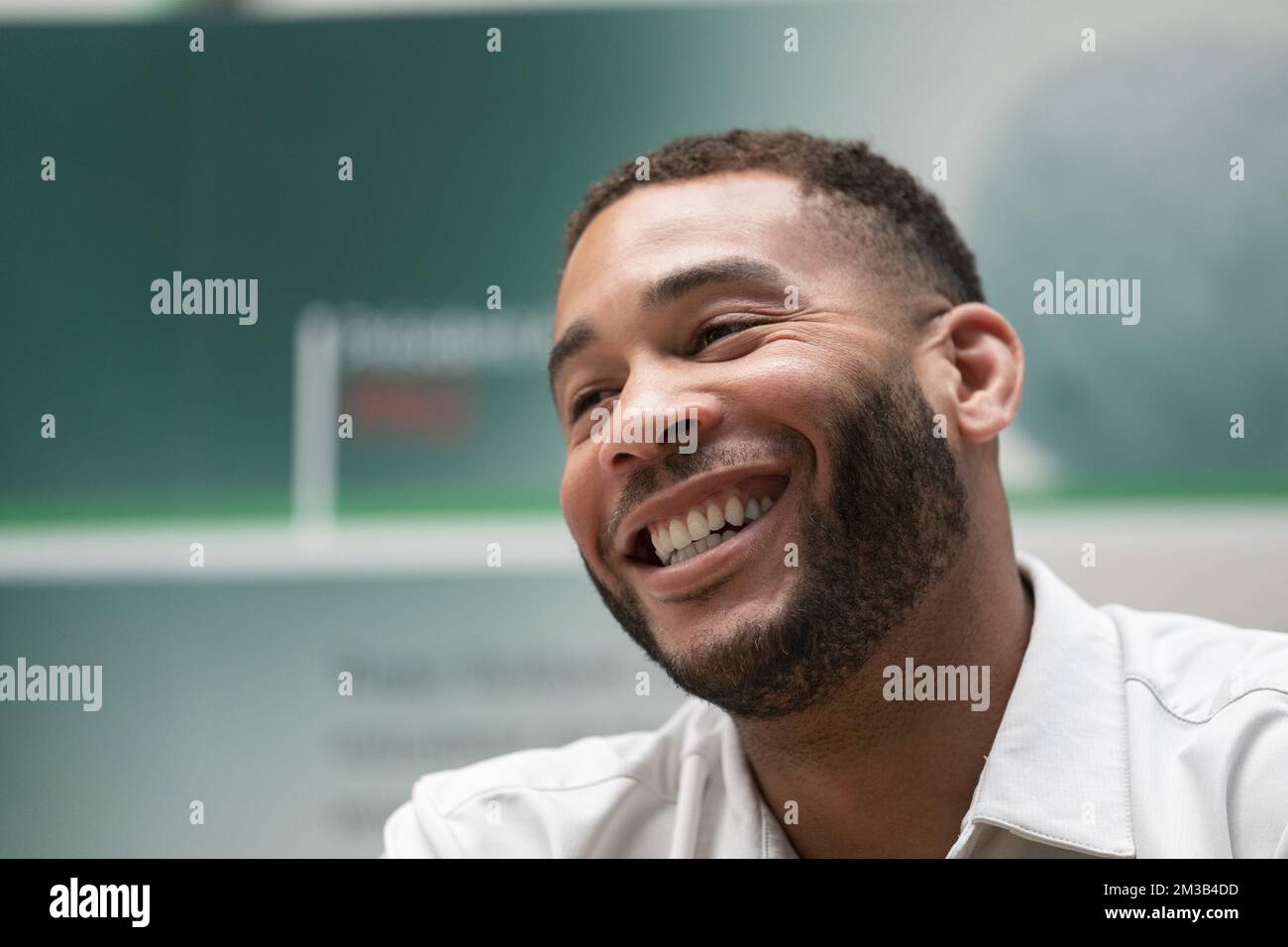Virton's secretary-general Oguchi Onyewu pictured during a press conference of soccer team Royal Excelsior Virton, Monday 11 July 2022 in Virton. Virton is preparing the upcoming season in the 1B Challenger Pro League second division. BELGA PHOTO ANTHONY DEHEZ Stock Photo
