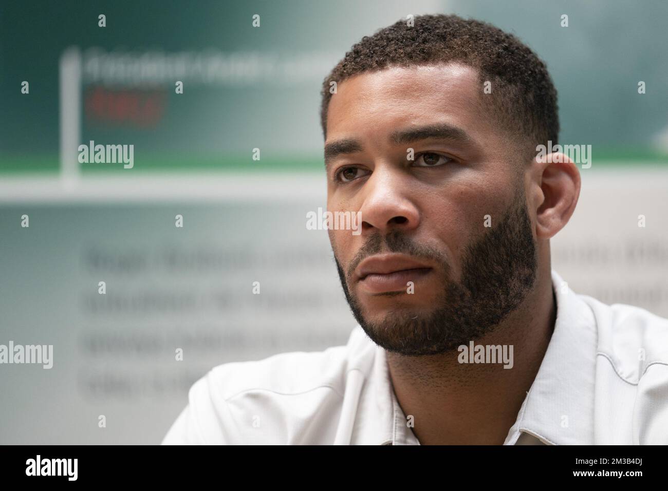 Virton's secretary-general Oguchi Onyewu pictured during a press conference of soccer team Royal Excelsior Virton, Monday 11 July 2022 in Virton. Virton is preparing the upcoming season in the 1B Challenger Pro League second division. BELGA PHOTO ANTHONY DEHEZ Stock Photo