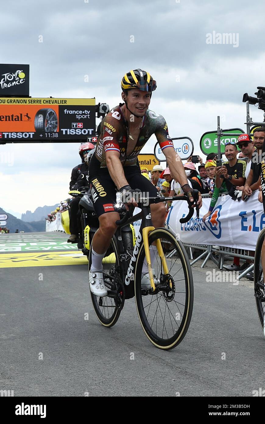 Slovenian Primoz Roglic of Jumbo-Visma crosses the finish line of stage eleven of the Tour de France cycling race, a 149km race from Albertville to Col du Granon Serre Chevalier, France, on