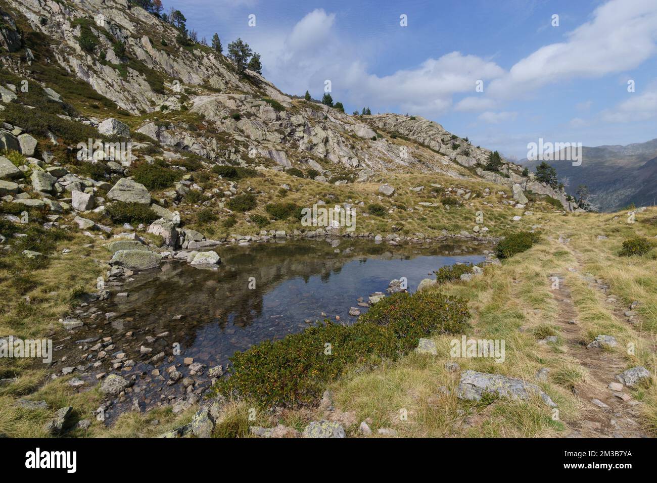 Small lake in the pyrenees mountains at Vallee du Soussoueou on a