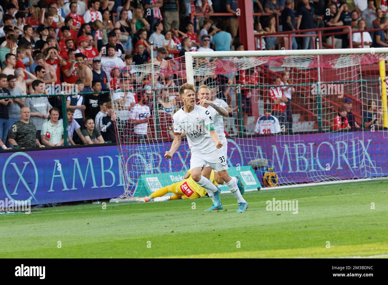 OHL's Mathieu Maertens celebrates after scoring during a soccer match