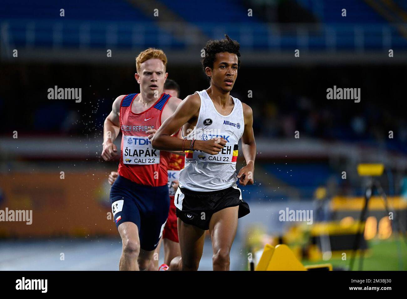 Belgian Noah Konteh pictured in action during the final of the men's 3000m, at the 'World Athletics' World Junior Athletics Championships, on Friday 05 August 2022 in Cali, Columbia. The World U20 Championships take place from August 1st until August 6th 2022. BELGA PHOTO THOMAS WINDESTAM Stock Photo
