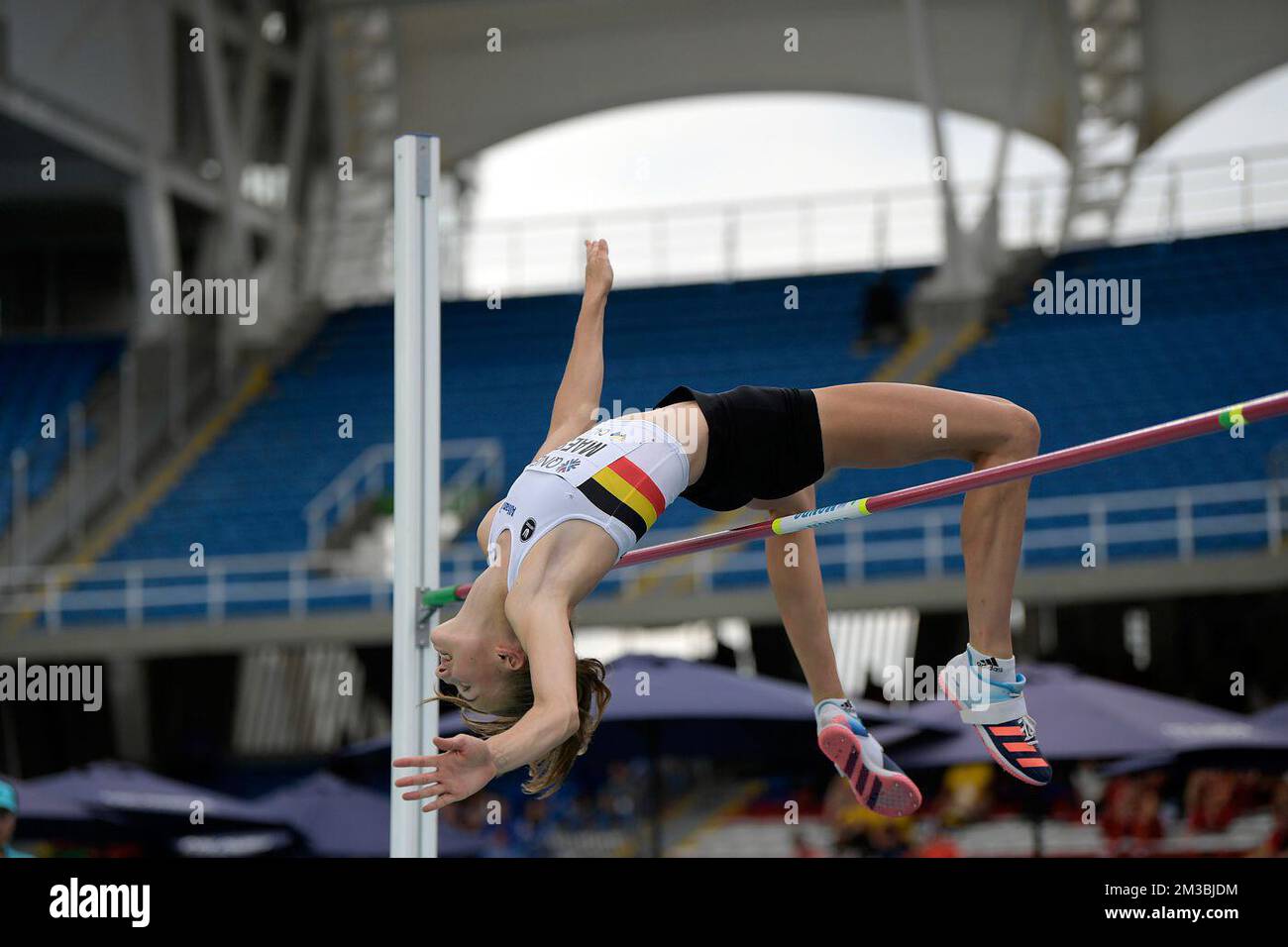 Belgian Merel Maes pictured in action during the high jump event, at the 'World Athletics' World Junior Athletics Championships, on Saturday 06 August 2022 in Cali, Columbia. The World U20 Championships take place from August 1st until August 6th 2022. BELGA PHOTO THOMAS WINDESTAM Stock Photo