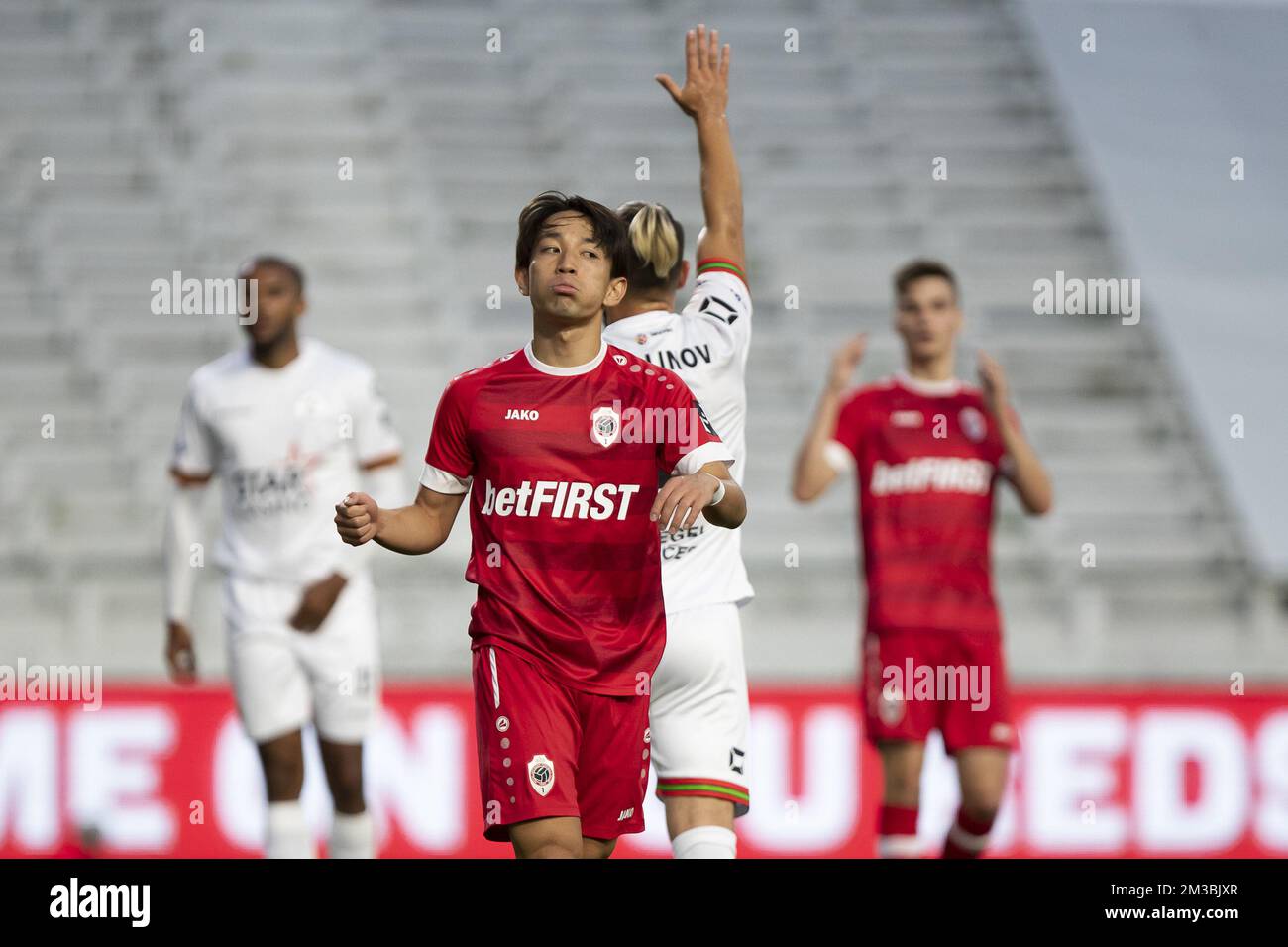 Antwerp's Koji Miyoshi reacts during a soccer match between Royal
