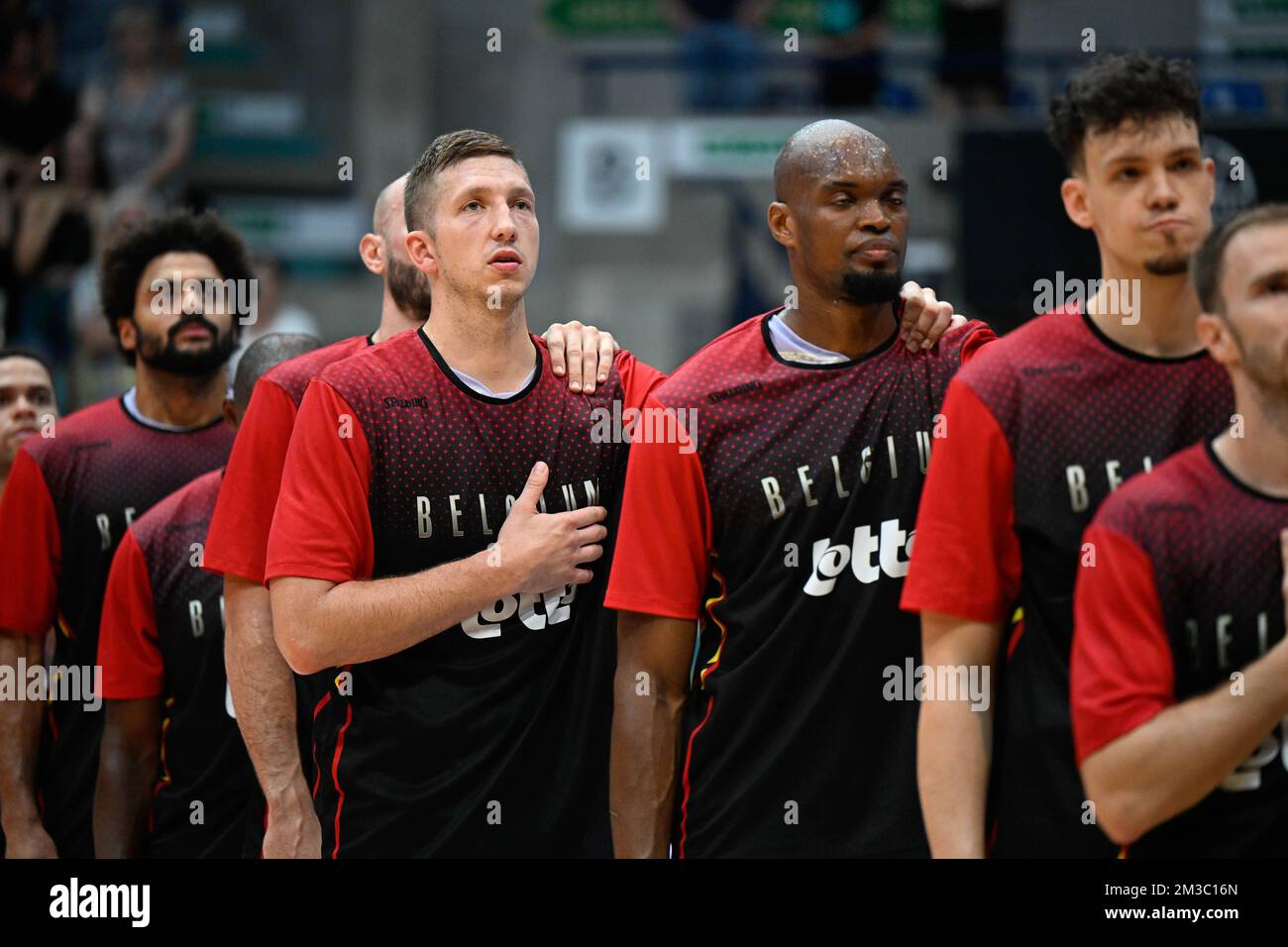 Belgium's players pictured before a basketball match between Belgian