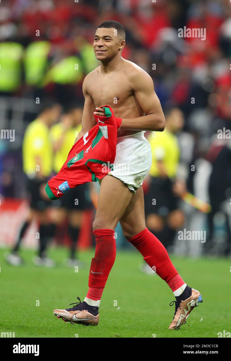 DOHA (QATAR), 12/14/2022 - WORLD CUP/FRANCE vs MOROCCO - Wearing the shirt  of HAKIMI Achraf, from Morocco, MBAPPE Kylian celebrates his victory and  classification after the match between the teams of France