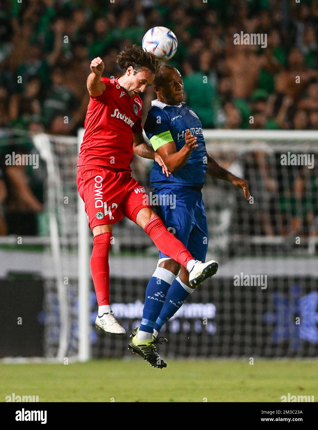 Omonia's Mix Diskerud and Gent's Vadis Odjidja-Ofoe fight for the ball during a soccer game between Cypriot Omonia Nicosia and Belgian KAA Gent in Nicosia, Cyprus on Thursday 25 August 2022, the return leg of the play-offs for the UEFA Europa League competition. BELGA PHOTO DAVID CATRY Stock Photo