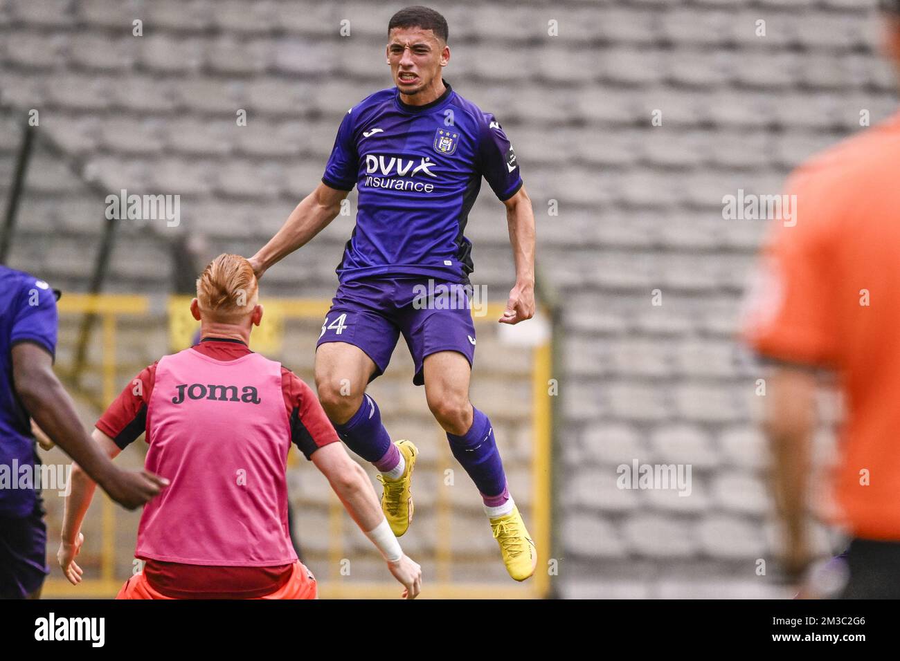 RSCA Futures' Mohamed Bouchouari and Beveren's Kevin Hoggas fight for the  ball during a soccer match between RSC Anderlecht Futures (u23) and SK  Beveren, Saturday 27 August 2022 in Brussels, on day