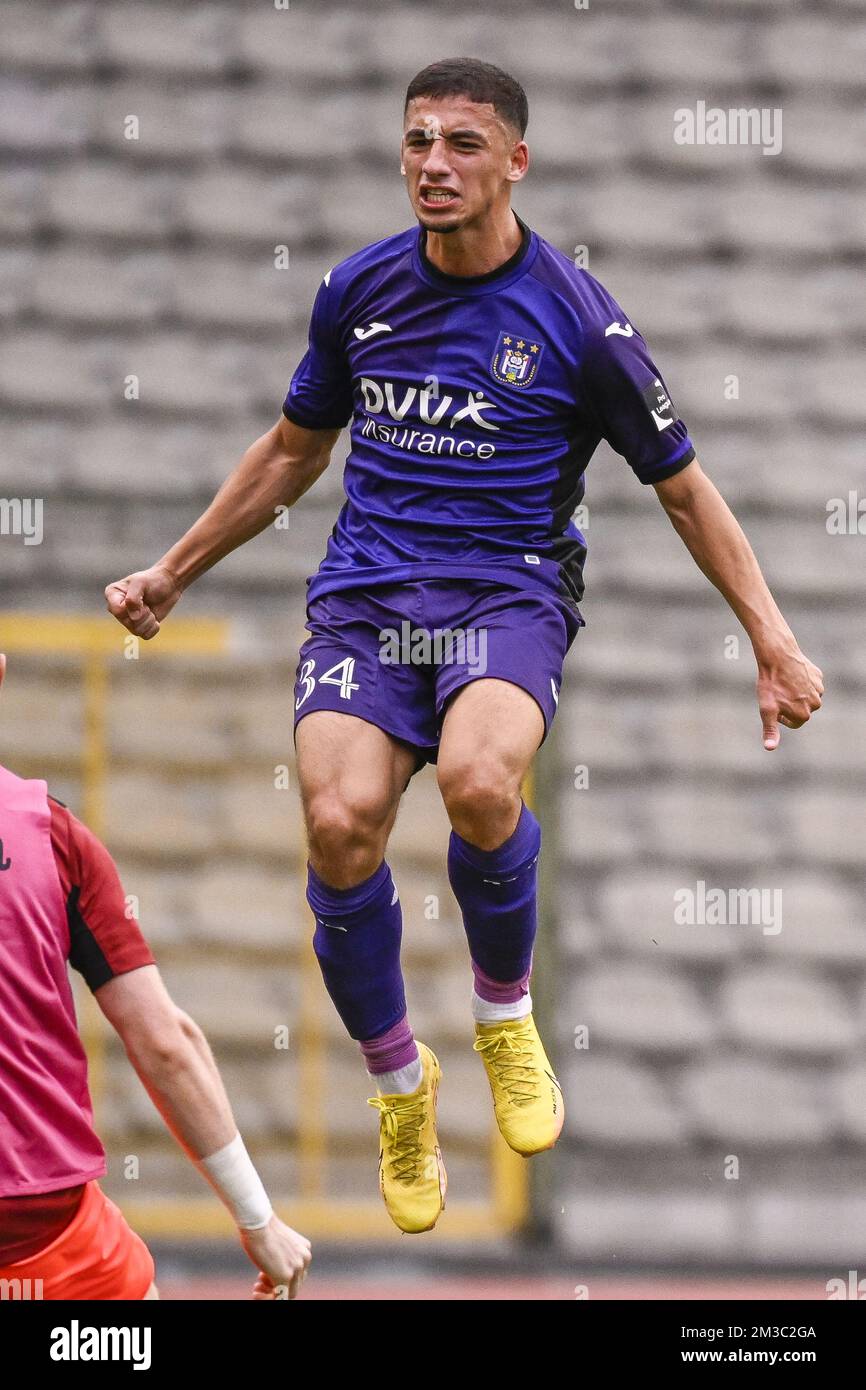 RSCA Futures' Mohamed Bouchouari celebrates after scoring during a soccer  match between RSC Anderlecht Futures (u23) and SK Beveren, Saturday 27  August 2022 in Brussels, on day 3 of the 2022-2023 'Challenger