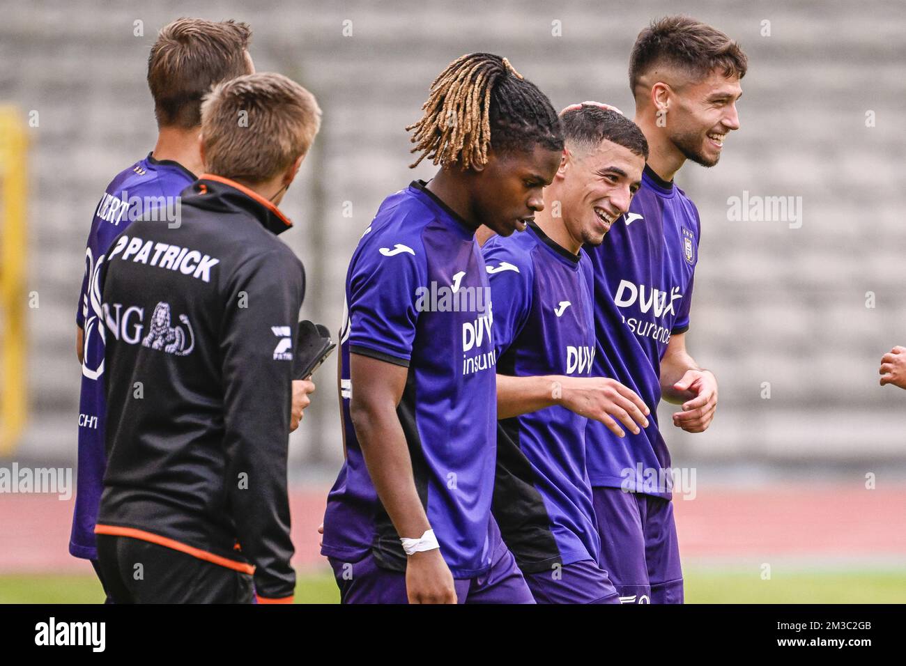 RSCA Futures' Mohamed Bouchouari and Beveren's Kevin Hoggas fight for the  ball during a soccer match between RSC Anderlecht Futures (u23) and SK  Beveren, Saturday 27 August 2022 in Brussels, on day