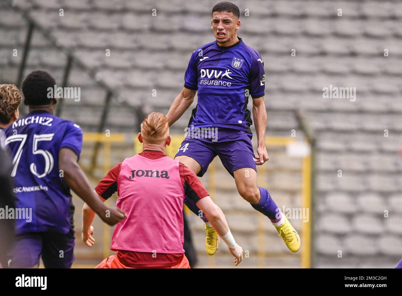 RSCA Futures Mohamed Bouchouari celebrates after scoring during a soccer  match between RSC