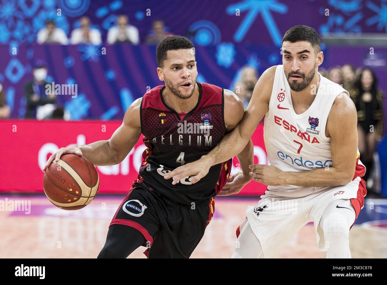 Emmanuel Lecomte of Belgium, Jaime Fernandez of Spain pictured during the  match between Spain and the Belgian Lions, game three of five in group A at  the EuroBasket 2022, Sunday 04 September
