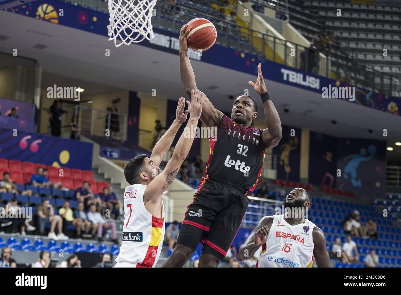 Retin Obasohan of Belgium pictured during the match between Spain and the Belgian Lions, game three of five in group A at the EuroBasket 2022, Sunday 04 September 2022, at the Tbilisi Sports Palace, in Tbilisi, Georgia. The European Basketball Championship takes place from September 1 till September 18. BELGA PHOTO NIKOLA KRSTIC  Stock Photo