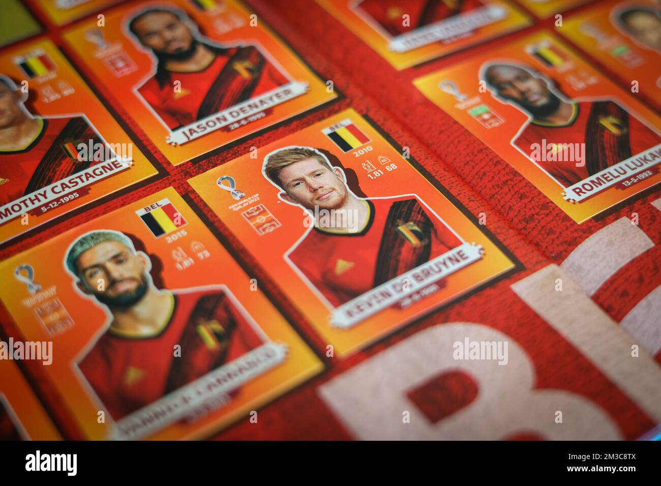 Illustration picture shows Red Devils Carrasco and De Bruyne on stickers, during the presentation of the Panini sticker collection covering the upcoming 2022 FIFA World Cup football, Tuesday 06 September 2022 in Tubize. BELGA PHOTO VIRGINIE LEFOUR Stock Photo