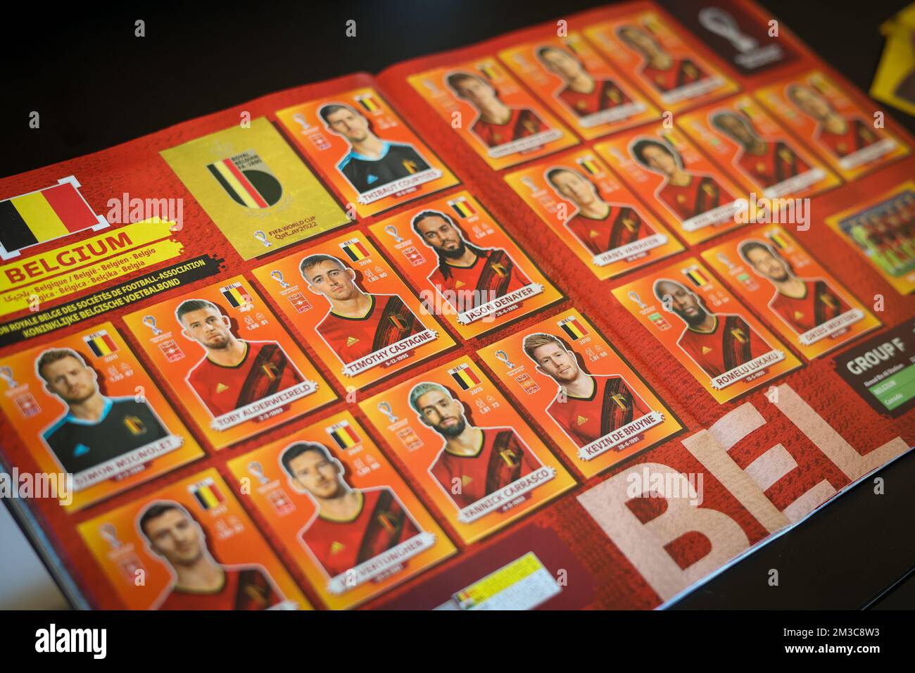 Illustration picture shows the Belgian Red Devils stickers, during the presentation of the Panini sticker collection covering the upcoming 2022 FIFA World Cup football, Tuesday 06 September 2022 in Tubize. BELGA PHOTO VIRGINIE LEFOUR Stock Photo