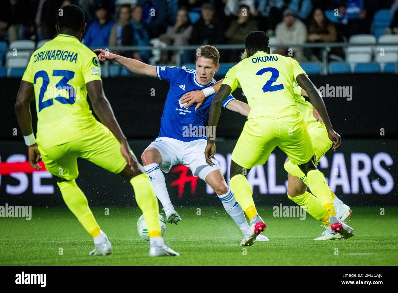 Gent's Jordan Torunarigha, Molde's Markus Andre Kaasa and Gent's Joseph Okumu fight for the ball during the game between Norwegian Molde SK and Belgian team KAA Gent, Thursday 08 September 2022, in Molde, Norway, the first game (out of six) in the group stage of the UEFA Conference League competition. BELGA PHOTO JASPER JACOBS Stock Photo