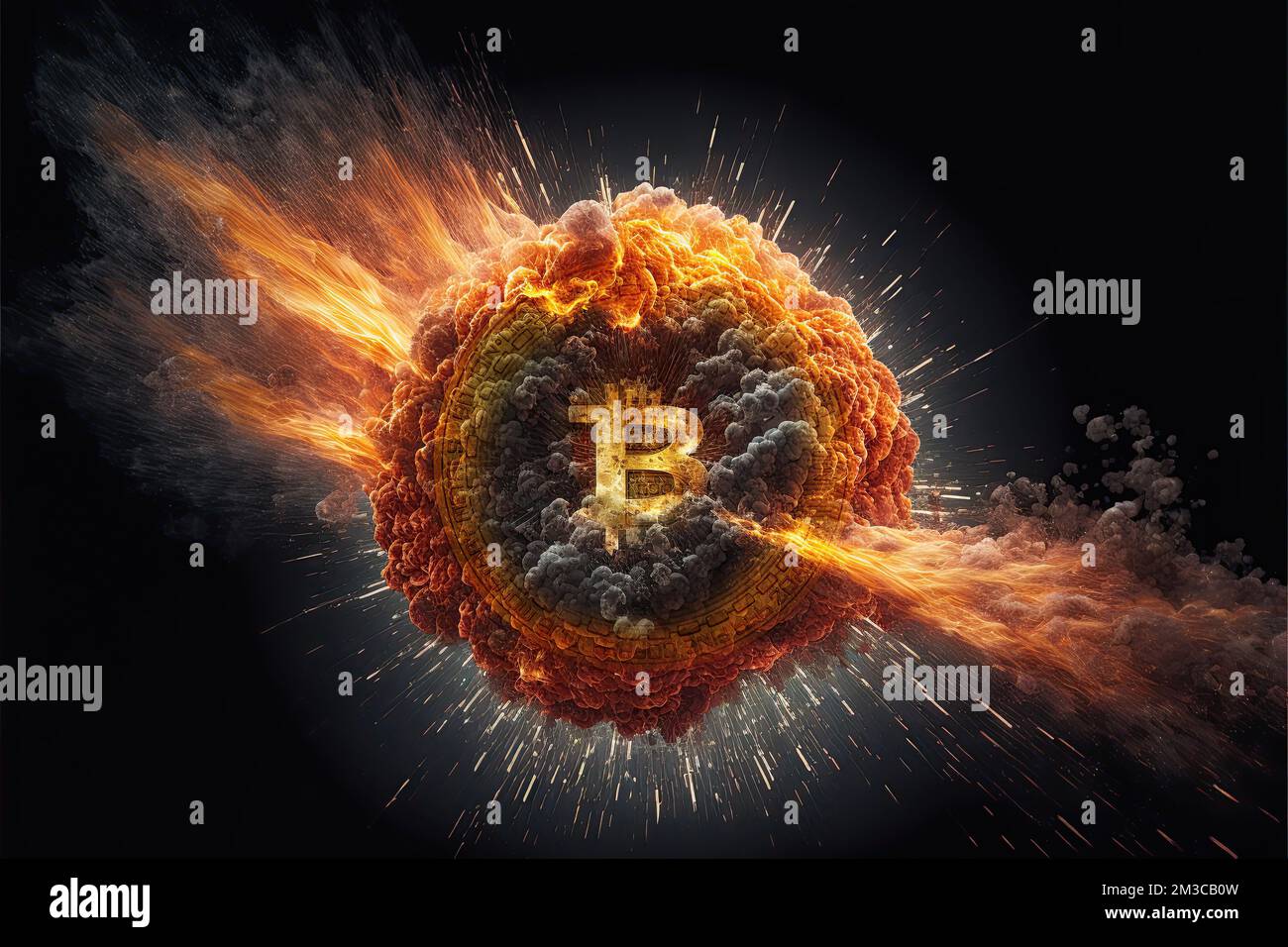 Bitcoin explosion in a fireball surrounded by flames on a black background.  Crypto market bearish scenario and the burst of the crypto-currency bubble  Stock Photo - Alamy
