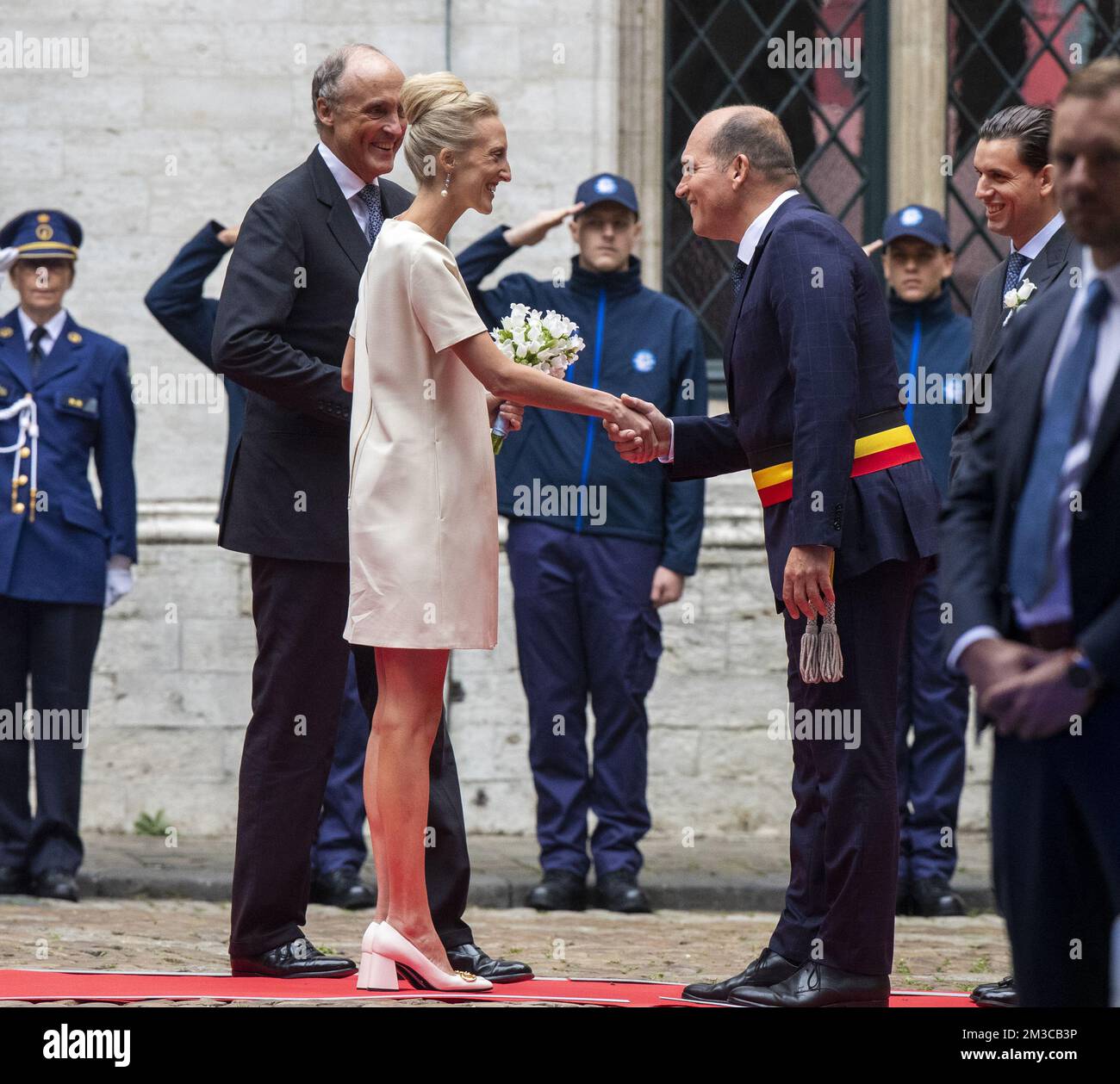Prince Lorenz of Belgium, Princess Maria Laura, Brussel-bruxelles City  Mayor Philippe Close and William Isvy pictured at the arrival for the  official wedding at the Brussels City Hall, of Princess Maria-Laura of
