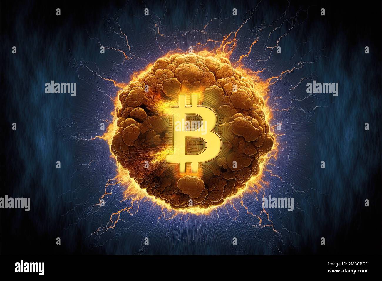 Bitcoin explosion in a fireball surrounded by flames on a black background. Crypto  market bearish scenario and the burst of the crypto-currency bubble Stock  Photo - Alamy